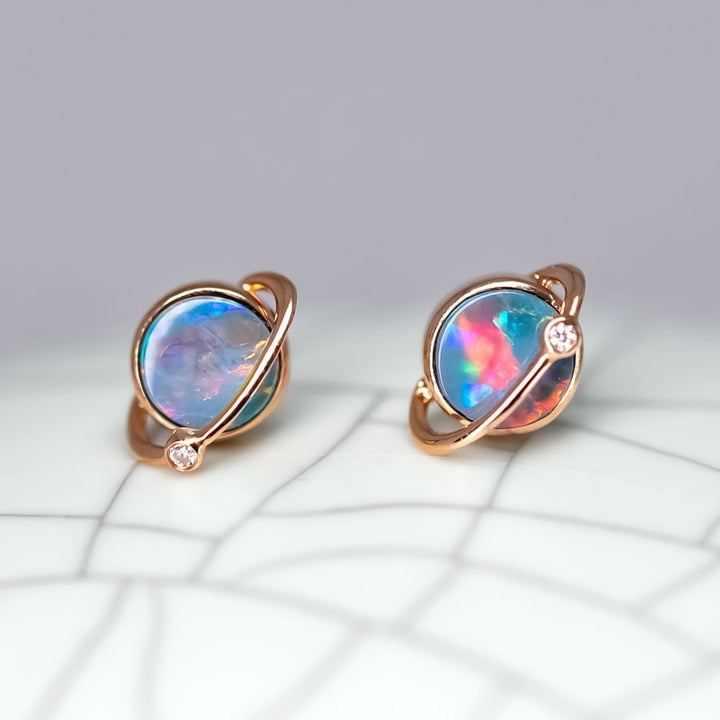 Saturn Design Doublet Opal Stud Earrings 