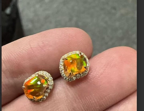 Fire Opal Halo Diamond Stud Earrings 18k Yellow Gold