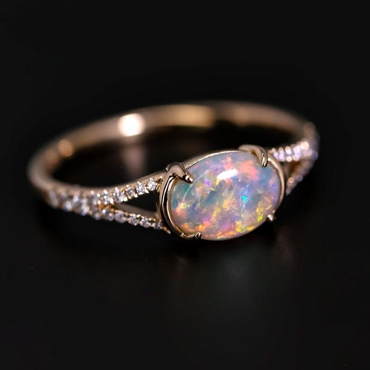 Semi Black Opal Split Shank Engagement Ring Pave Setting