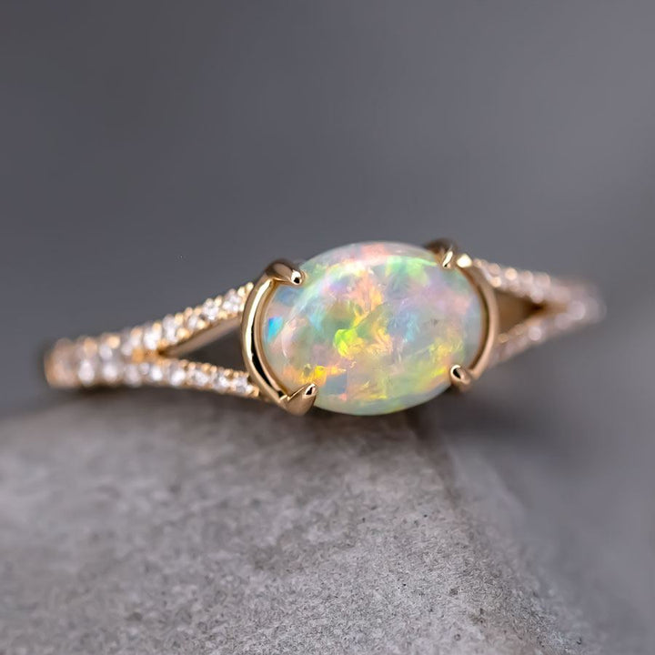 Semi Black Opal Split Shank Engagement Ring Pave Setting