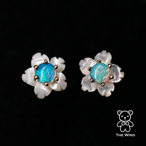 Small Flower Australian Solid Opal & Mother of Pearl Stud Earrings-1