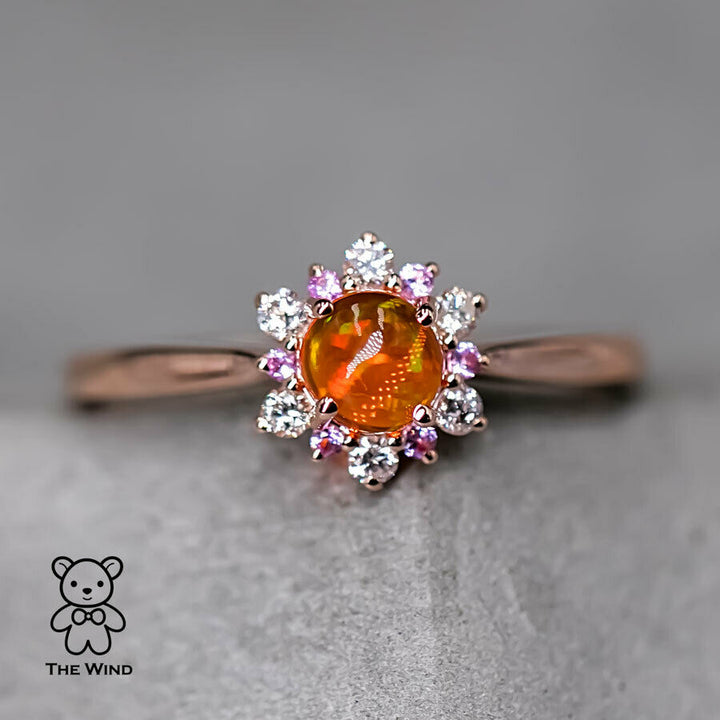 Snowflake Design Mexican Fire Opal Diamond and Pink Sapphire Ring-2