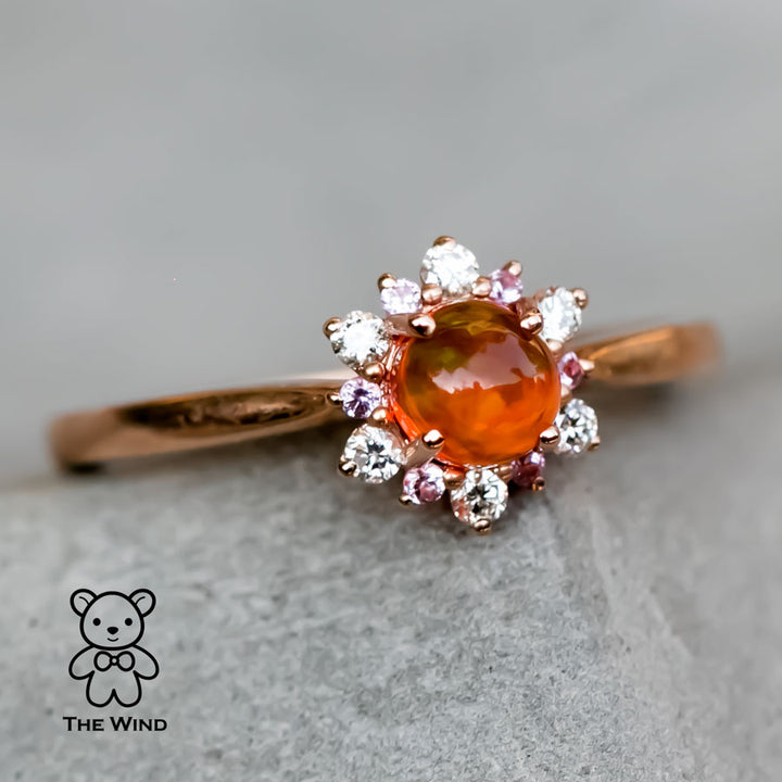 Snowflake Design Mexican Fire Opal Diamond and Pink Sapphire Ring-3