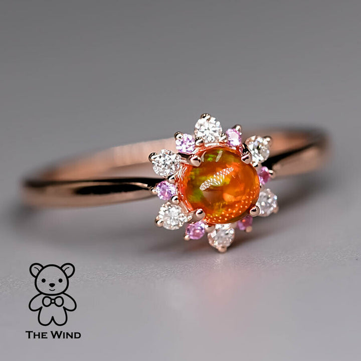 Snowflake Design Mexican Fire Opal Diamond and Pink Sapphire Ring-4