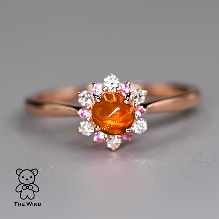 Snowflake Design Mexican Fire Opal Diamond and Pink Sapphire Ring-5