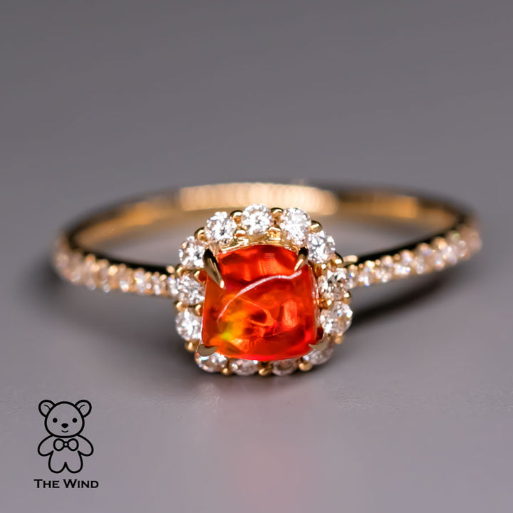 Candy Cube Fire Opal Halo Diamond Engagement Ring-2