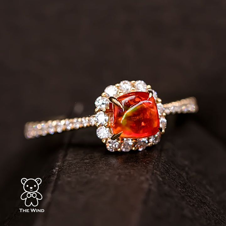 Candy Cube Fire Opal Halo Diamond Engagement Ring-4