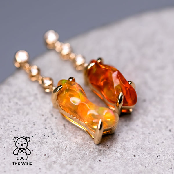Stunning Diamond Mexican Fire Opal Asymmetric Drop Earrings-1