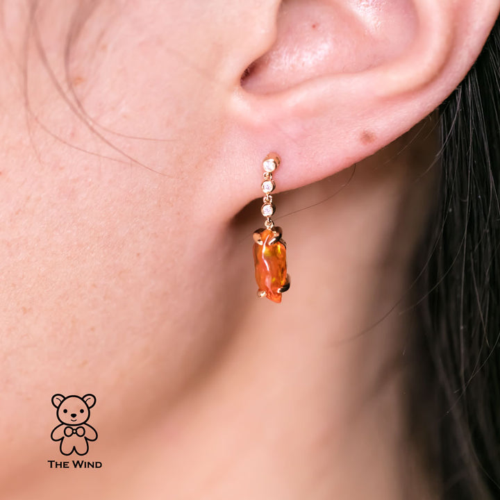 Stunning Diamond Mexican Fire Opal Asymmetric Drop Earrings-8
