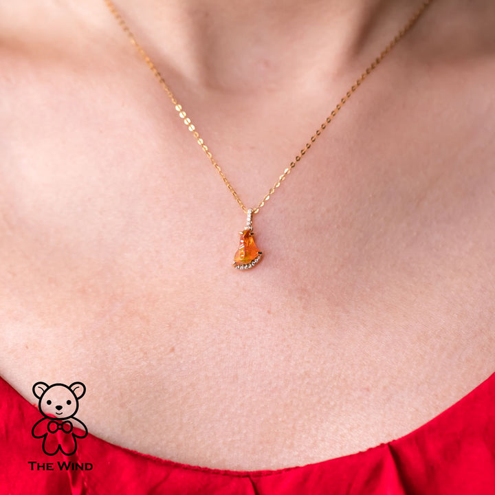 Stunning Little Skirt Mexican Fire Opal Diamond Pendant Necklace-4