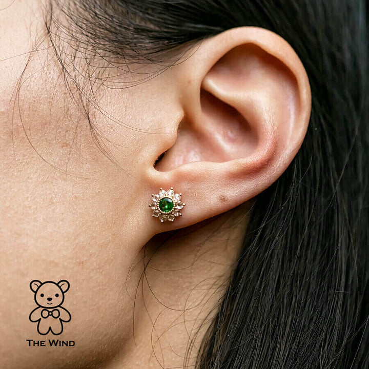 Stunning Tsavorite & Rose Cut Diamond Halo Stud Earrings-4