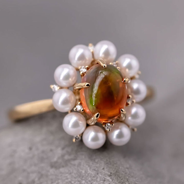 Stunning Engagement Ring Fire Opal Pearl & Diamonds