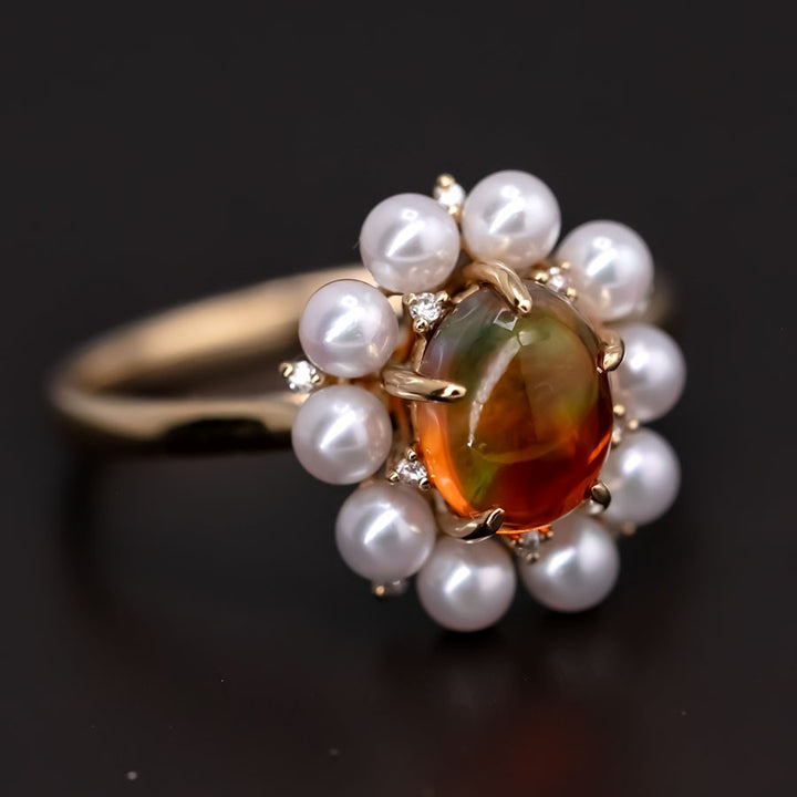 Stunning Engagement Ring Fire Opal Pearl & Diamonds