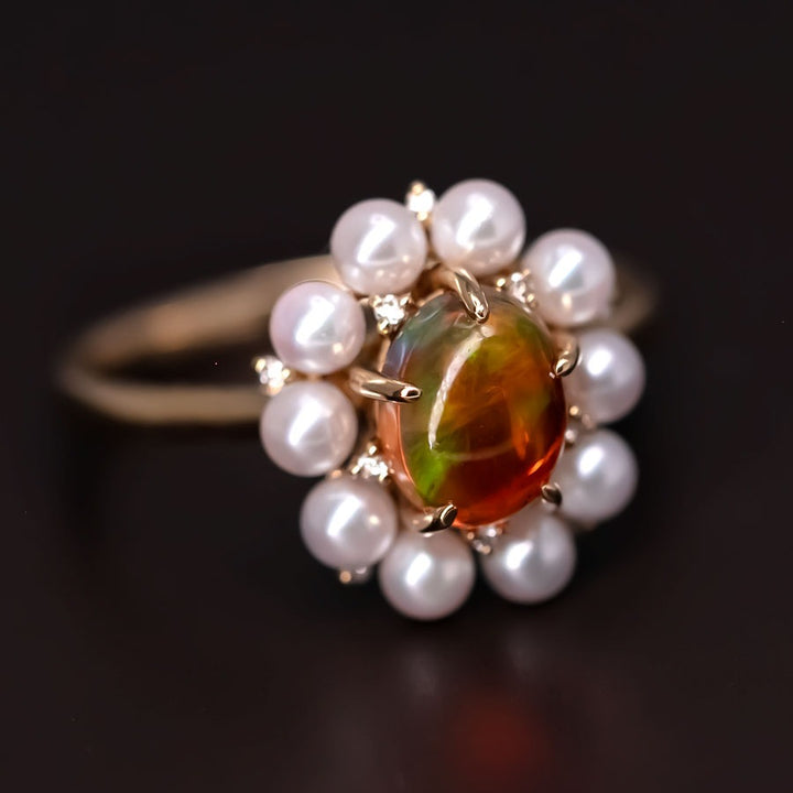 Stunning Engagement Ring Fire Opal Pearl & Diamonds