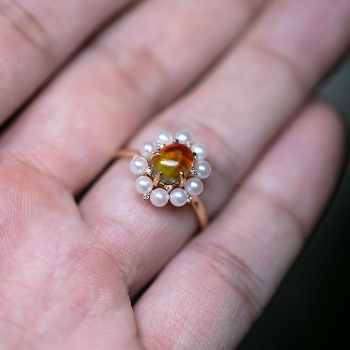 Stunning Engagement Ring Fire Opal Pearl & Diamonds