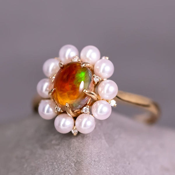 Stunning Engagement Ring Fire Opal Pearl & Diamonds