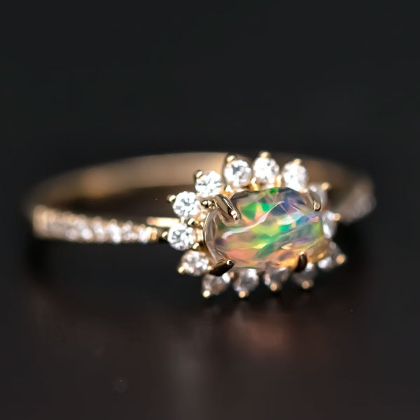 Stunning Fire Opal Halo Diamond Engagement Ring