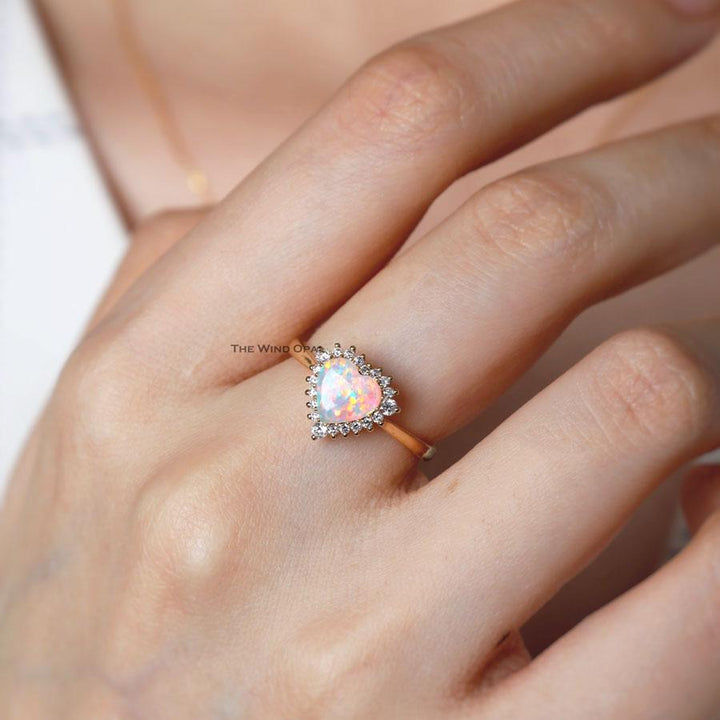 Stunning Heart Opal Halo Diamond Engagement Ring