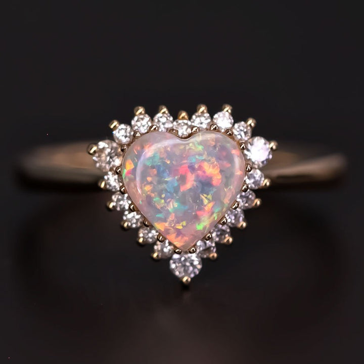 Stunning Heart Opal Halo Diamond Engagement Ring