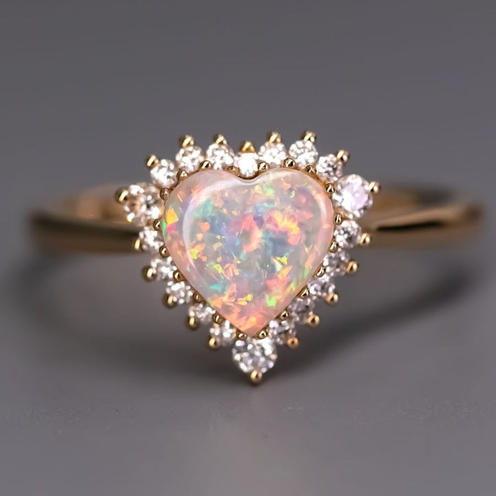 Stunning Heart Opal Halo Diamond Engagement Ring