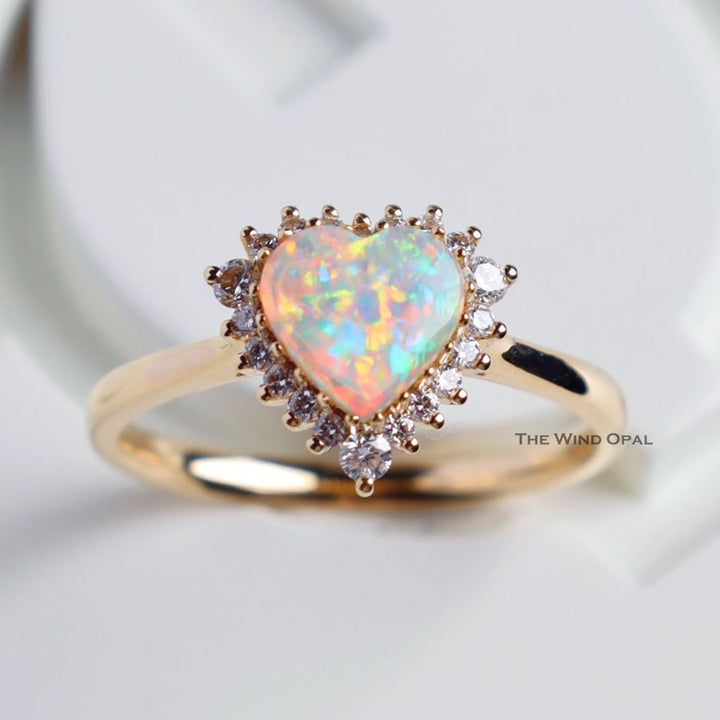 Stunning Heart Opal Halo Diamond Engagement Ring
