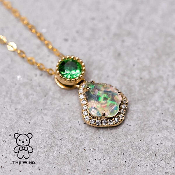 Stylish Fire Opal, Halo Diamond, Tsavorite Pendant Necklace-1
