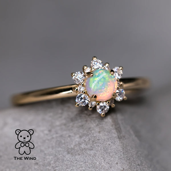 Stylish Snowflake Australian Solid Opal & Halo Diamond Engagement Ring-1