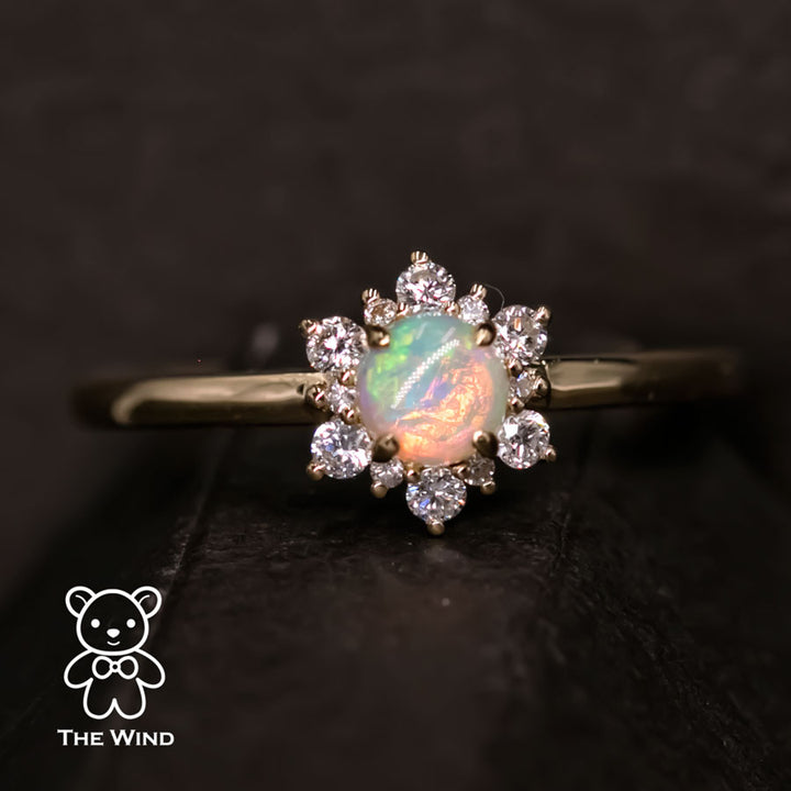 Stylish Snowflake Australian Solid Opal & Halo Diamond Engagement Ring-2