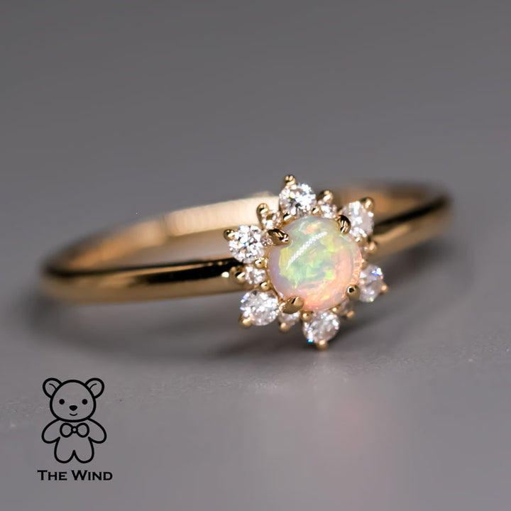 Stylish Snowflake Australian Solid Opal & Halo Diamond Engagement Ring-3