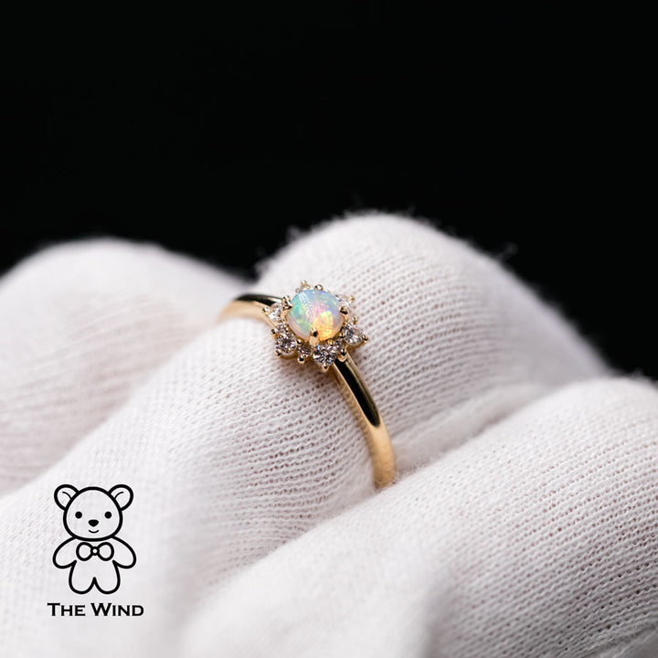 Stylish Snowflake Australian Solid Opal & Halo Diamond Engagement Ring-5