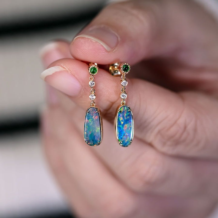 Stylish Doublet Opal Diamond Tsavorite Drop Earrings