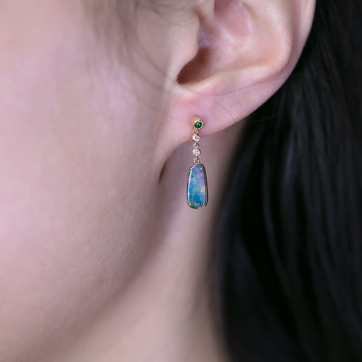 Stylish Doublet Opal Diamond Tsavorite Drop Earrings