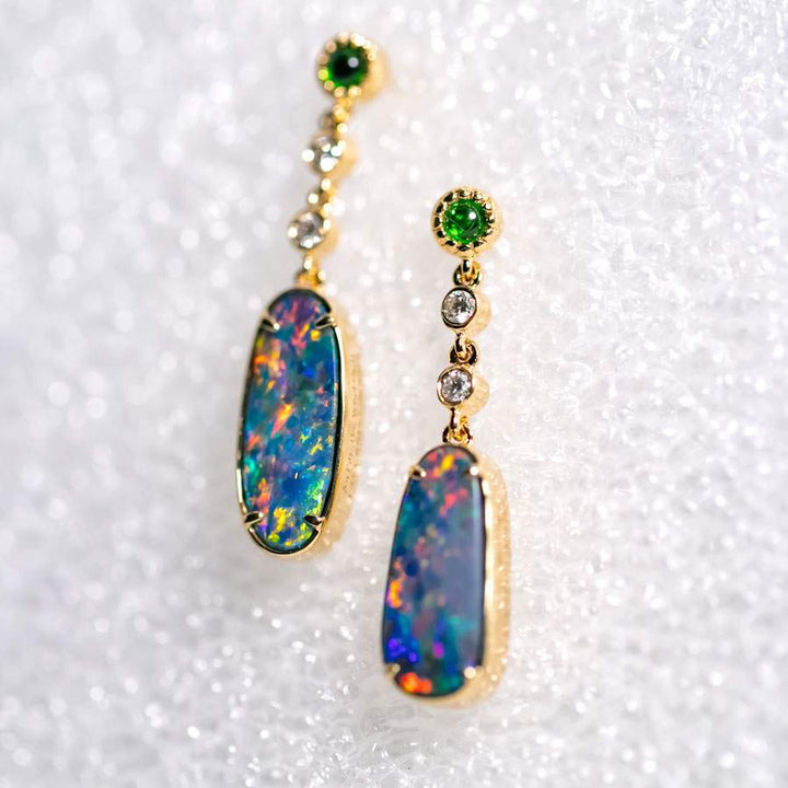 Stylish Doublet Opal Diamond Tsavorite Drop Earrings