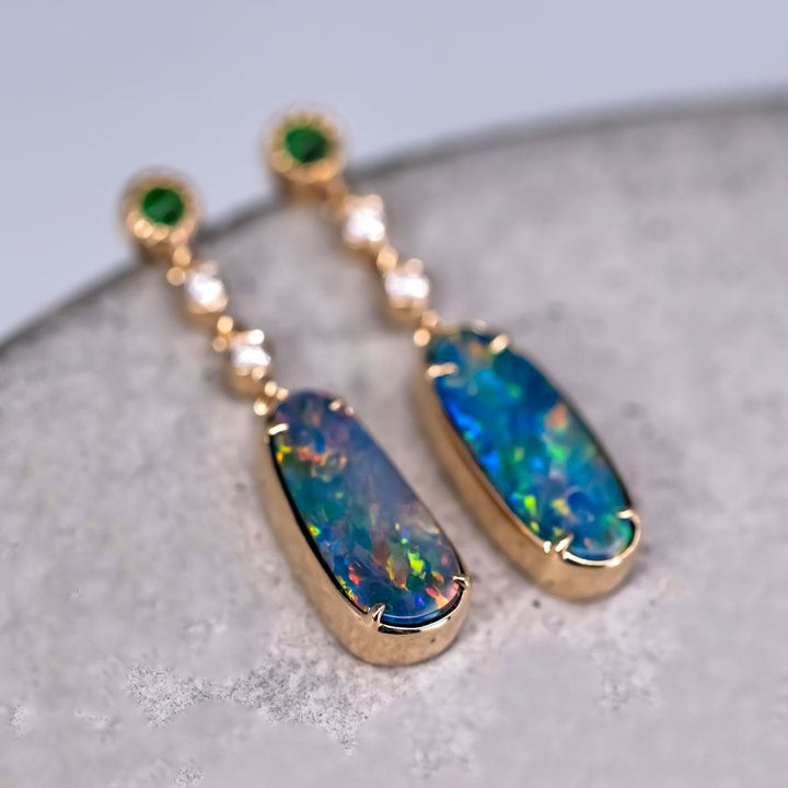 Stylish Doublet Opal Diamond Tsavorite Drop Earrings
