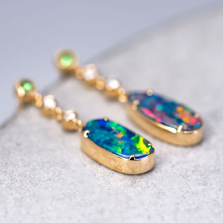Stylish Doublet Opal Diamond Tsavorite Drop Earrings
