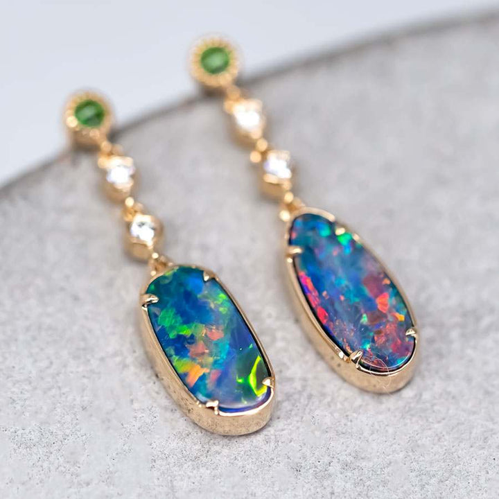 Stylish Doublet Opal Diamond Tsavorite Drop Earrings