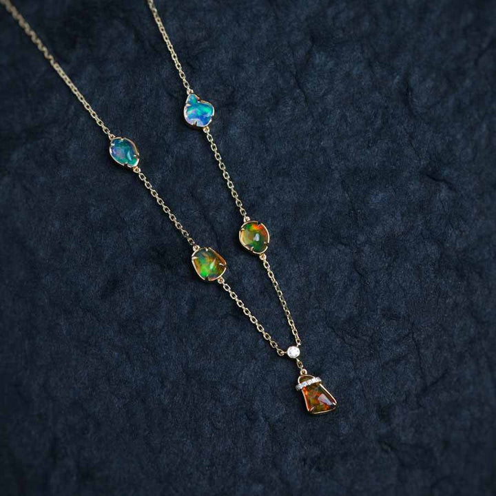 Stylish Five Charms Fire Opal Diamond Necklace