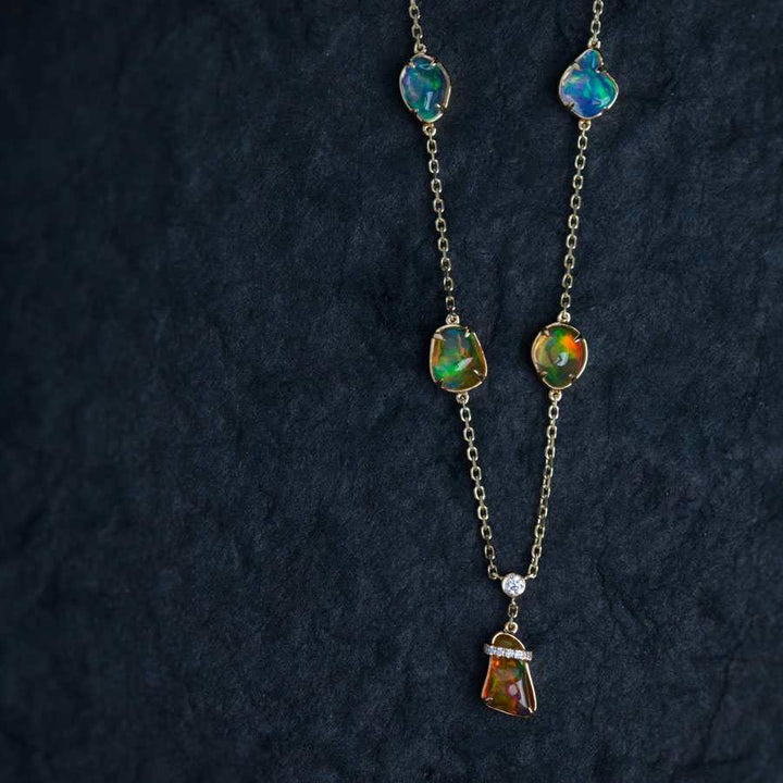 Stylish Five Charms Fire Opal Diamond Necklace