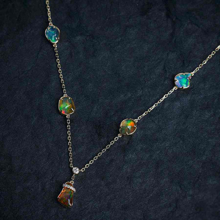 Stylish Five Charms Fire Opal Diamond Necklace