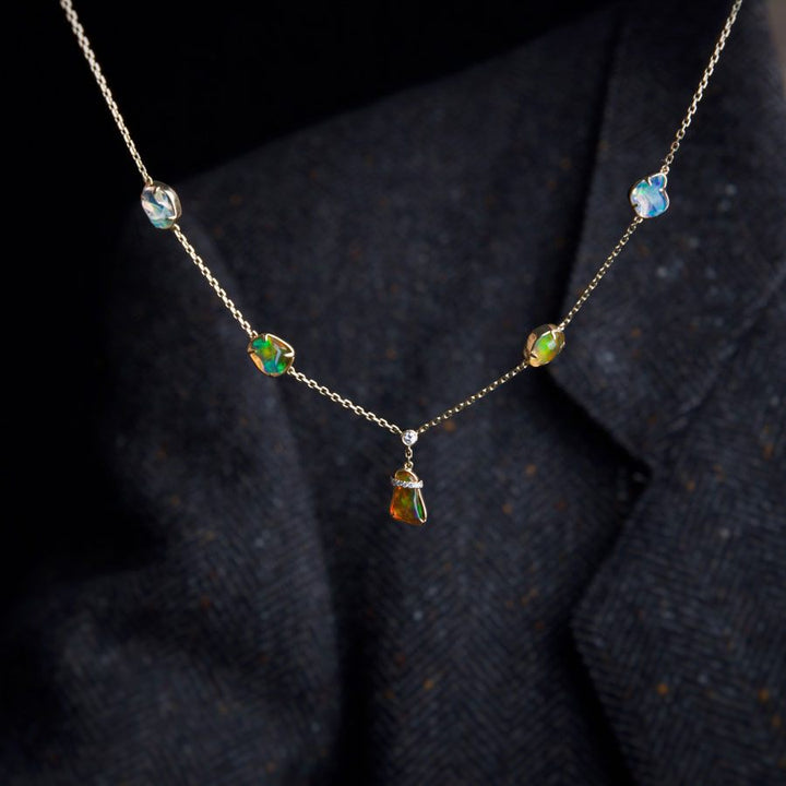 Stylish Five Charms Fire Opal Diamond Necklace
