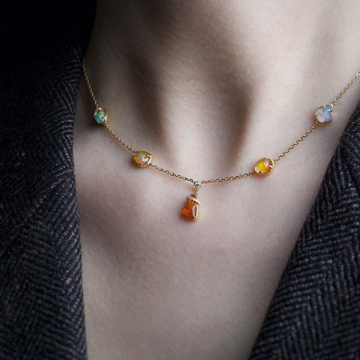 Stylish Five Charms Fire Opal Diamond Necklace