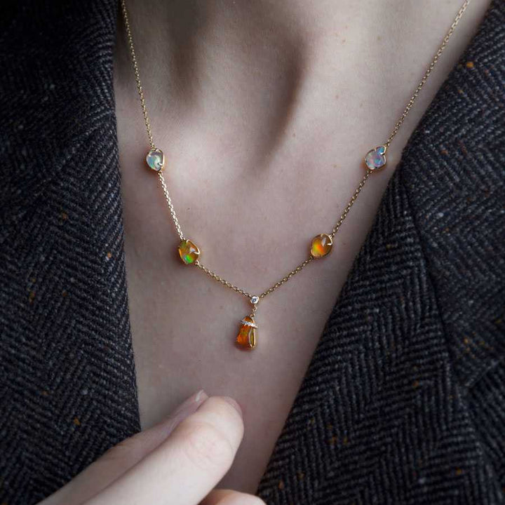 Stylish Five Charms Fire Opal Diamond Necklace