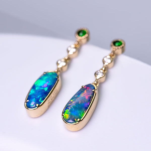 Stylish Opal Diamond Tsavorite Drop Earrings