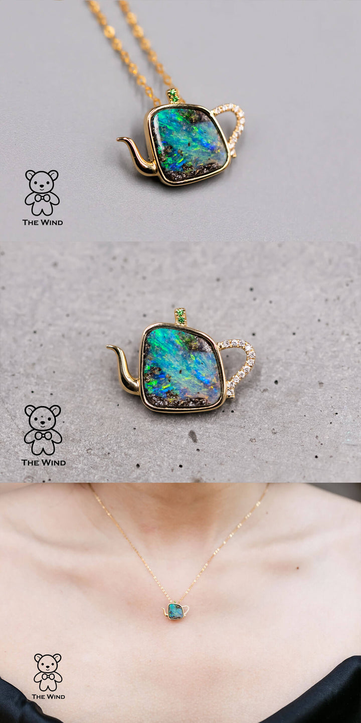 Teapot Design Australian Boulder Opal & Diamond, Tsavorite Pendant Necklace -5