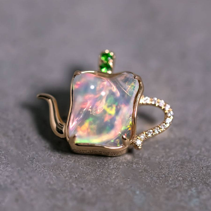 Teapot Design Fire Opal Diamond, Tsavorite Necklace