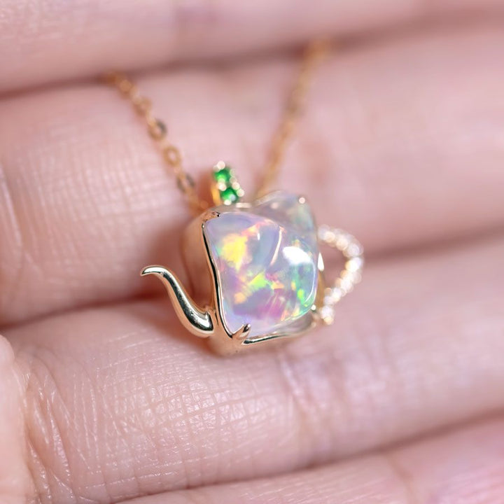 Teapot Design Fire Opal Diamond, Tsavorite Necklace