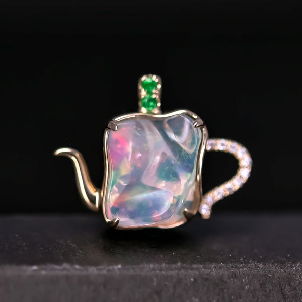 Teapot Design Fire Opal Diamond, Tsavorite Necklace