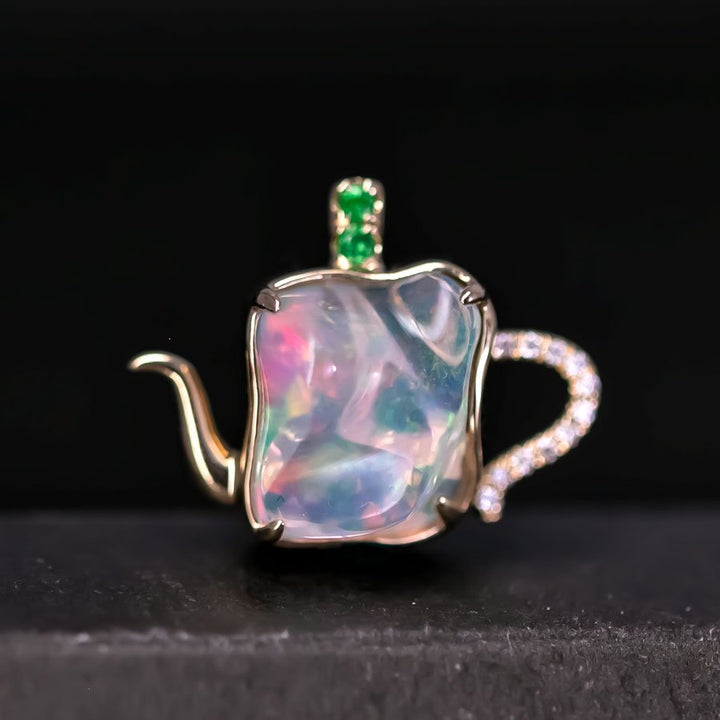 Teapot Design Fire Opal Diamond, Tsavorite Necklace