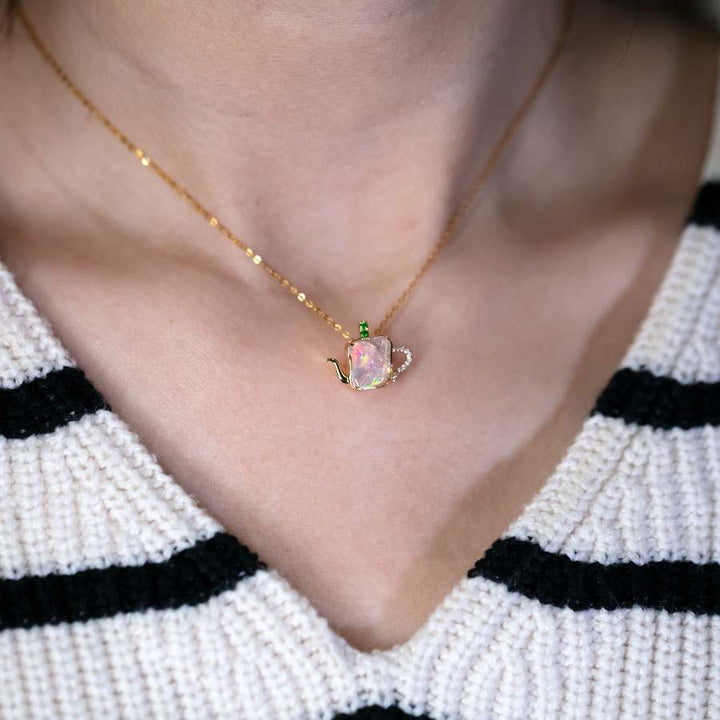 Teapot Design Fire Opal Diamond, Tsavorite Necklace