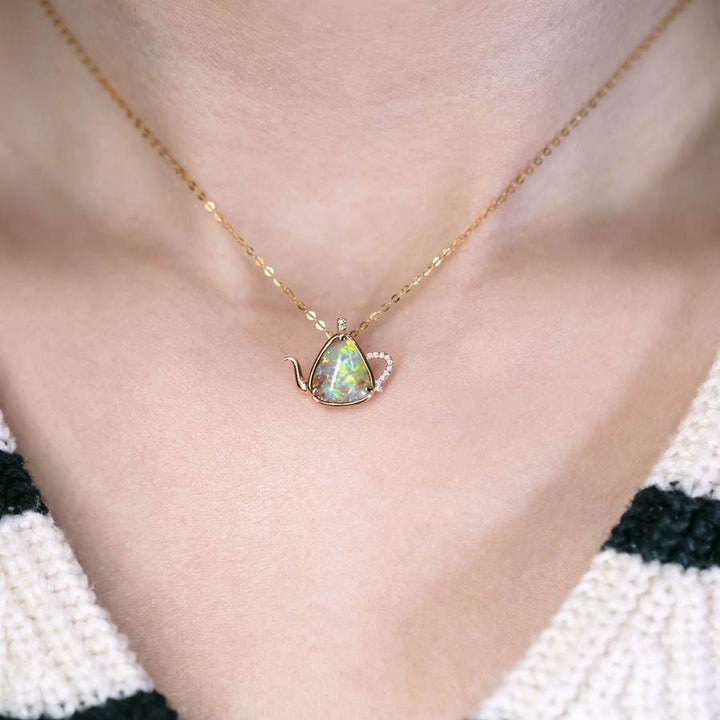 Teapot Fire Opal & Diamond Necklace